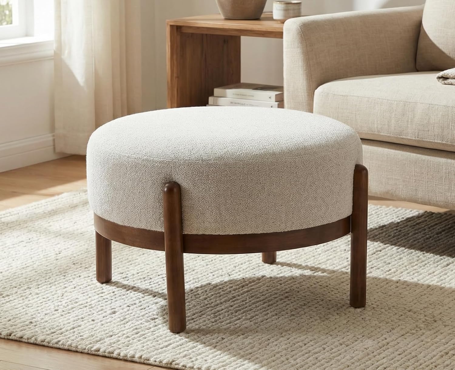 Outdoor Furniture Wood - Sherpa-Stoff Ottoman-Bank mit Holzbeinen, Einzelsitz für