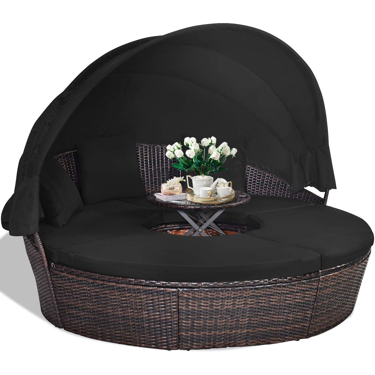 Outdoor Daybed Furniture - Outdoor-Tagesbett mit Baldachin, Rattan-Sofa mit Kaffeetisch