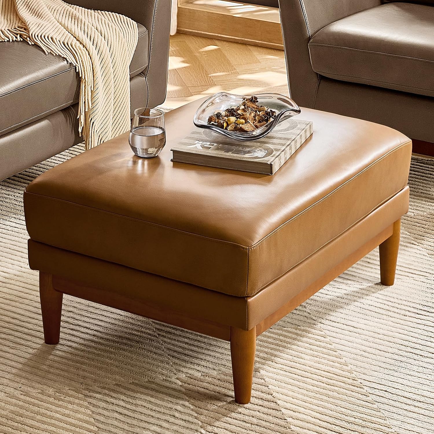 Outdoor Furniture Wood - Echter Leder-Ottoman-Couchtisch, 33,5 Zoll quadratische Bank